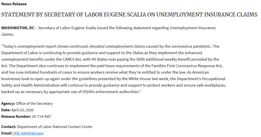 Dept Labor Eugene Scalia 4-23-20 unemployment statement
